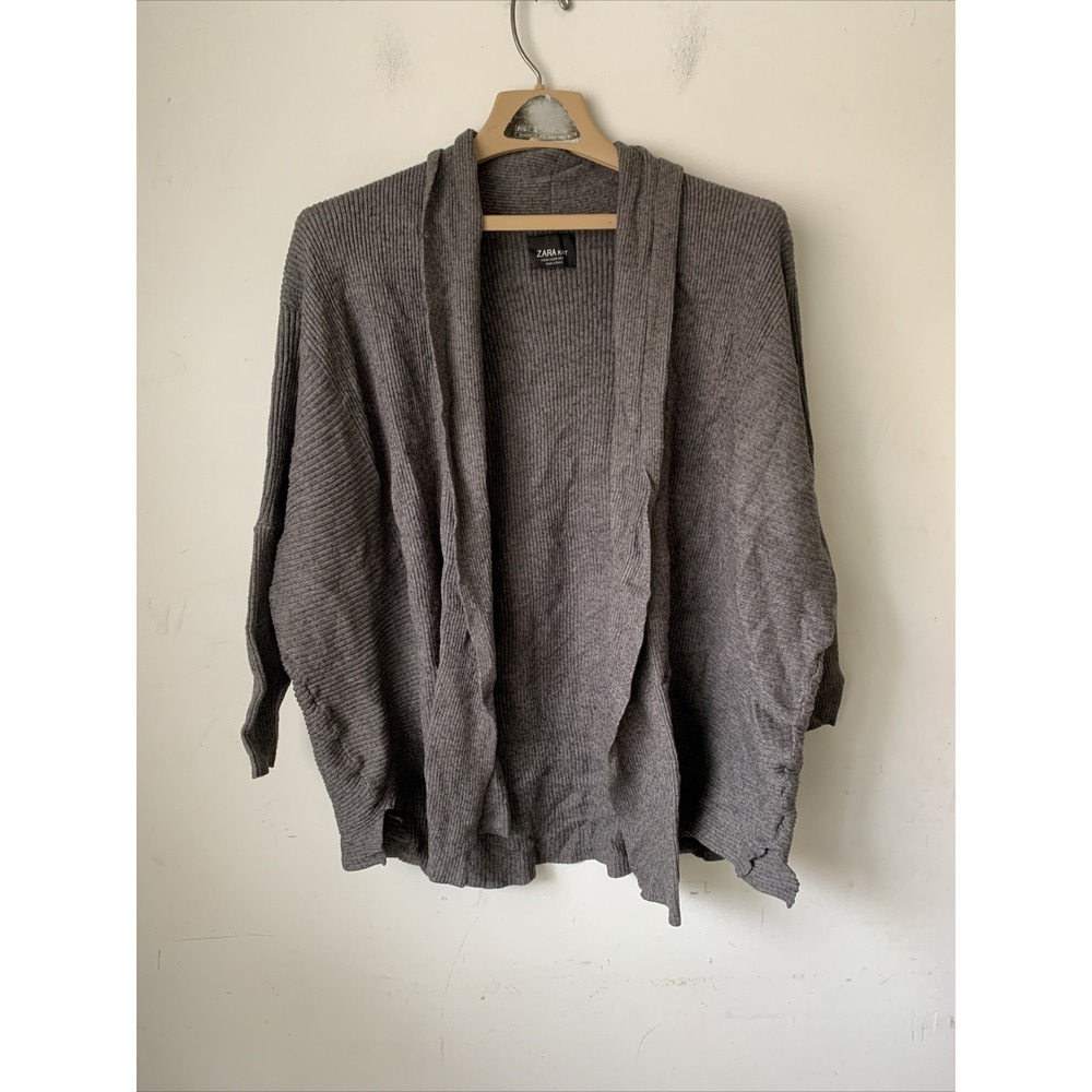 Zara Womens Cardigan Medium Gray Ribbed Minimal Basic Neutral‎ Capsule Office